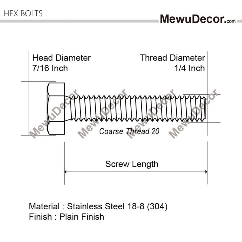 MewuDecor 1/4-20 x 2-1/2" Hex Head Cap Screws Hexagon Bolts, External Hex Drive, Stainless Steel 304, UNC Coarse Thread Fully Threaded, 25 PCS - Image 2